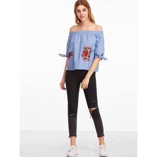 Elbow-sleeve Off Shoulder Denim Blouse