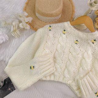Floral Embroidered Cable Knit Cropped Sweater
