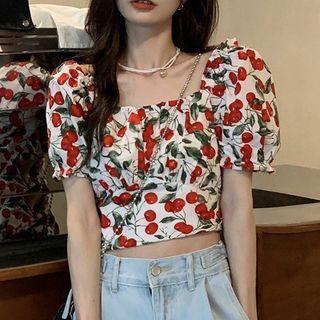 Puff-sleeve Cherry Print Blouse Cherry Print - White - One Size