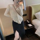 Plain Knit Long-sleeve Cardigan / High Waist Split Skirt