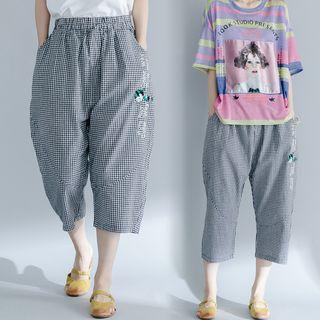 Embroidered Plaid Cropped Pants