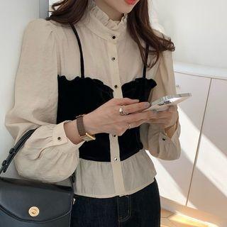 Mock-neck Mock Two-piece Blouse Almond & Black - One Size