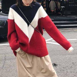Long Sleeve Color-block Sweater Red - One Size
