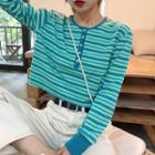Striped Long-sleeve Cropped T-shirt Green - One Size