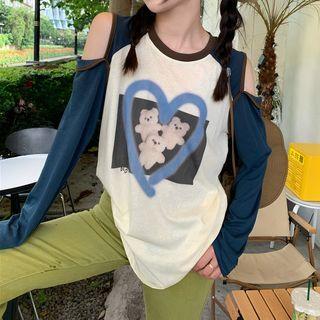 Cold-shoulder Bear Print Raglan T-shirt Blue & White - One Size