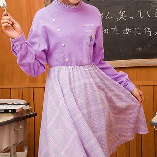 Frill-hem Gingham Panel Long-sleeve Dress / Knit Cardigan
