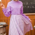 Frill-hem Gingham Panel Long-sleeve Dress / Knit Cardigan
