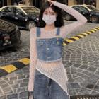 Long-sleeve Asymmetric Lace Top / Denim Cropped Camisole Top