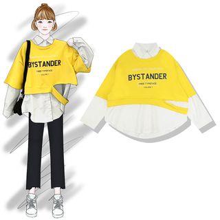Lettering Elbow-sleeve Cropped Pullover / Plain Shirt