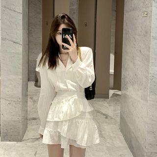 Long-sleeve V-neck Blouse / Mini Skirt