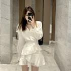 Long-sleeve V-neck Blouse / Mini Skirt