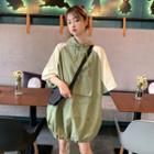 Color-block Loose-fit Short-sleeve Hooded Dress