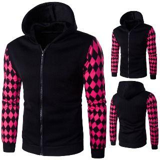 Patterned Sleeve Zipped Hooded Jacket