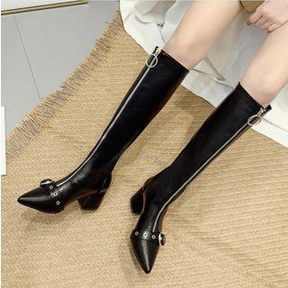 Belted Front-zip Chunky-heel Tall Boots