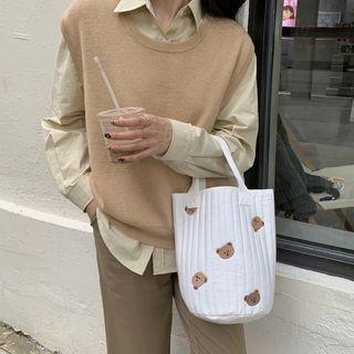 Bear Embroidered Lunch Bag White - One Size