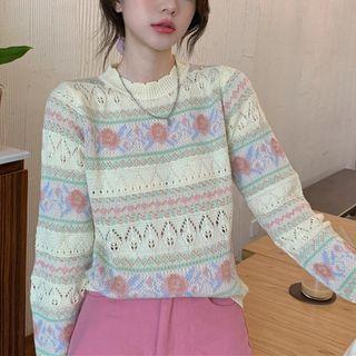 Floral Print Pointelle Sweater