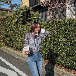 Wide-cuff Sheer Floral Shirt