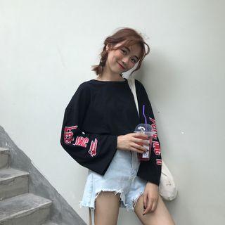 Long-sleeved Lettering Loose-fit Crewneck Sheath Cutout Long T-shirt