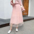 Faux Pearl Mesh Midi A-line Skirt