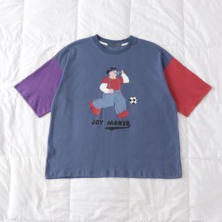 Short Sleeve Color Block Cartoon Print T-shirt