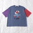 Short Sleeve Color Block Cartoon Print T-shirt