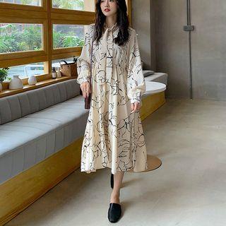 Flower Print Long-sleeve Midi A-line Dress / Spaghetti Strap Dress