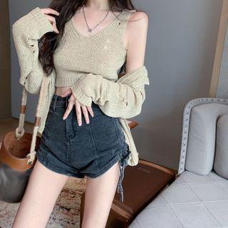 Set: Distressed Crop Tank Top + Light Cardigan