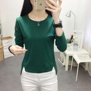 Mesh Panel Butterfly Embroidered Long-sleeve T-shirt