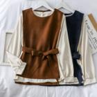 Set: Faux-suede Plain Top + Woolen Vest With Sash