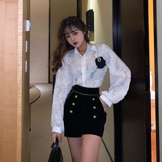 Set : Puff Long-sleeved Chiffon Shirt + High Waist Skirt