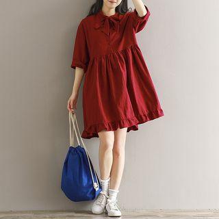 Ribbon-accent Long Sleeve Plain Dress