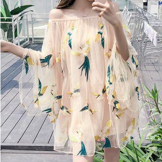 Off-shoulder Embroidered Mesh Sundress