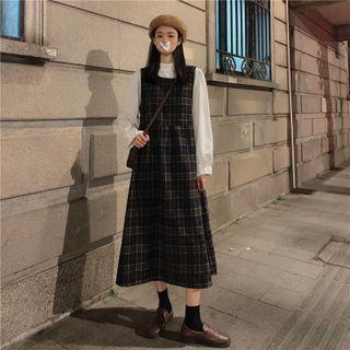 Mock-neck Plain Top / Square-neck Plaid A-line Maxi Dress