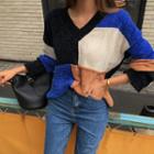 Color-block Loose-fit Knit Top Blue - One Size