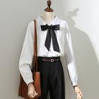 Puff-sleeve Color Block Bow Chiffon Shirt