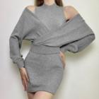 Set: Knit Mini Sheath Tank Dress + Sweater Gray - One Size