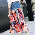 Denim Panel Printed A-line Midi Skirt