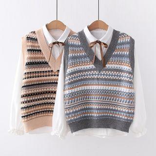 Set: Long-sleeve Shirt + Nordic Pattern Sweater Vest