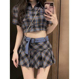 Short-sleeve Plaid Crop Shirt / Pleated Mini A-line Skirt