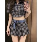 Short-sleeve Plaid Crop Shirt / Pleated Mini A-line Skirt