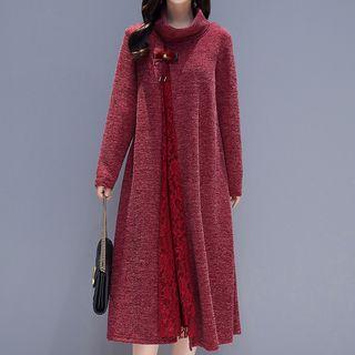 Funnel Neck Lace Panel Long-sleeve A-line Dress