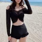 Set: Long-sleeve Cover-up + Bottom + Bikini Top