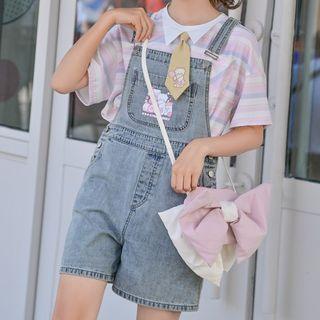 Short-sleeve Striped T-shirt / Denim Dungaree Shorts