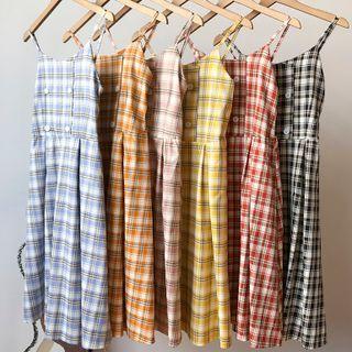 Spaghetti-strap Plaid Double-breasted Dress