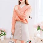 V-neck Lace Panel Cable Knit Sweater / High-waist Single-breasted Woolen Mini Skirt