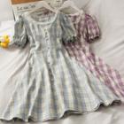 Mesh Pearl-trim Plaid Mini Dress