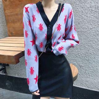Spider Patterned V-neck Button Up Cardigan Blue - One Size