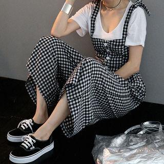 Half-placket Gingham Wide-leg Jumpsuit