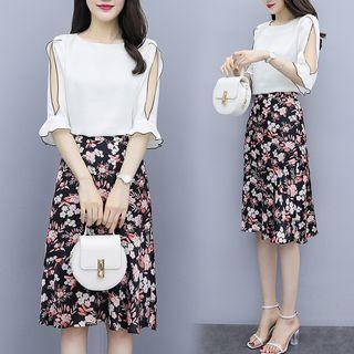 Set: Cutout Detail Elbow-sleeve Blouse + Flower Print A-line Skirt