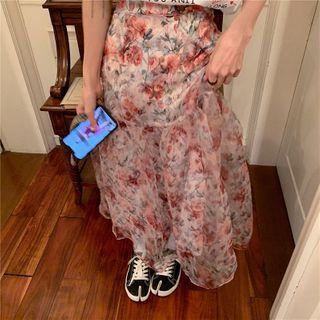 Elbow-sleeve Lettering T-shirt / Floral Print Midi A-line Skirt